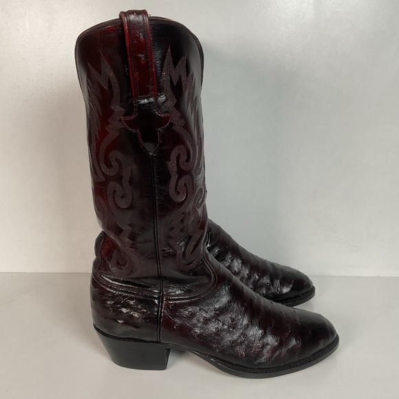 Vintage Lucchese Black Cherry Ostrich Quill Cowboy Boots 9 EE Exotic Recraft - Picture 13 of 16